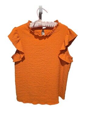 Bright Orange Ruffle Sleeve Textured Blouse, Size Large